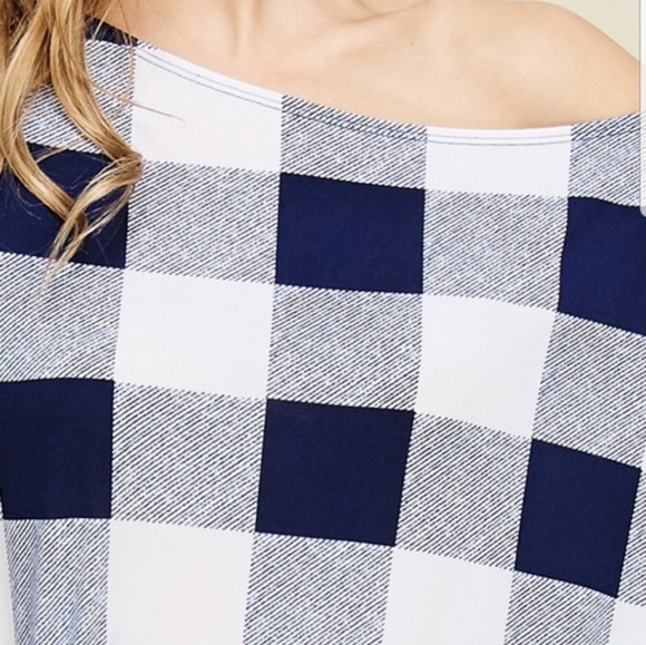 Navy Off The Shoulder Checkered Top - Picture 4 of 5